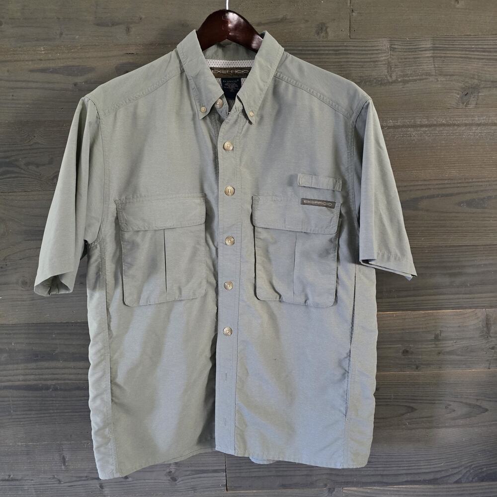 ExOfficio Adventure Mens Small Khaki Fishing Shirt Short Sleeve Vented Outdoor